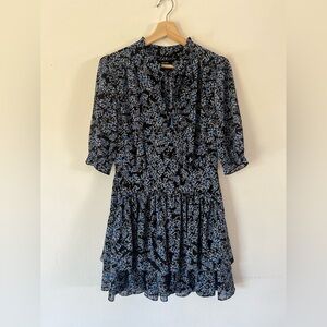 ME+EM Black & Blue Ditsy‎ Floral Puff Sleeve Tiered Ruffle Mini Dress Size 6
